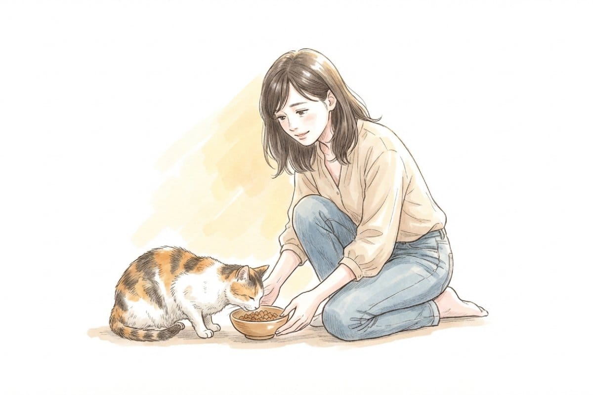 地面にしゃがむ女性が屋外で三毛猫の前に器を置き、フードを与える柔らかな情景。野良猫への餌やりをやめたいとき、放置の影響を減らしつつ地域との折り合いを考える導入カット。