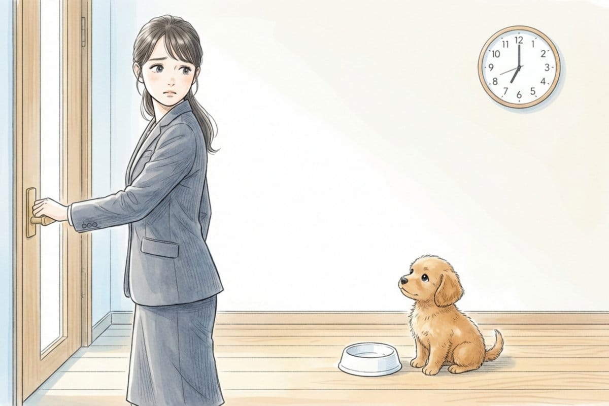 玄関で外出する人物と空の食器を見つめる子犬のイラスト。子犬の昼ごはんをあげられない状況のイメージ