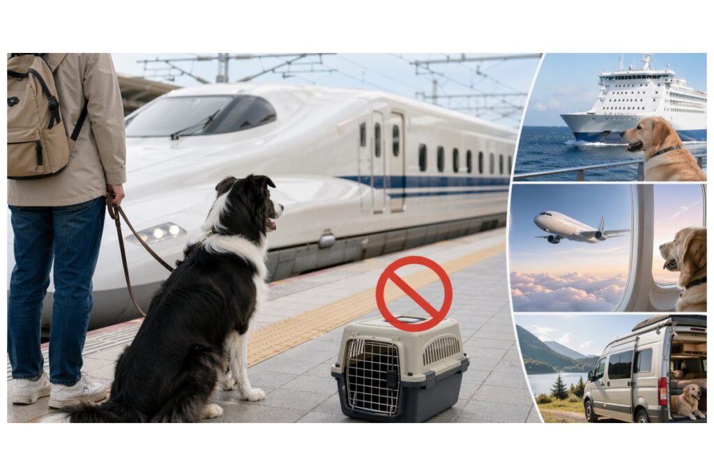 新幹線で犬10キロ以上の乗車不可と代替移動手段を示すイメージ