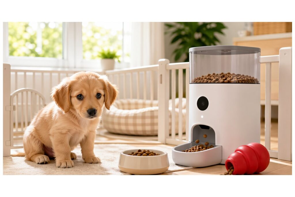 留守番中の子犬が自動給餌器で昼ごはんを待つ様子