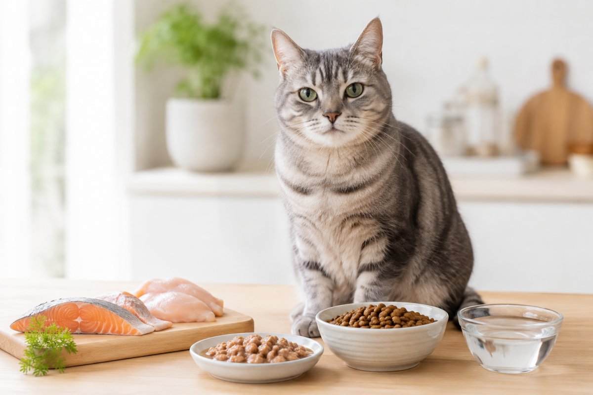 猫の腎臓病予防フードと水を前に座る猫