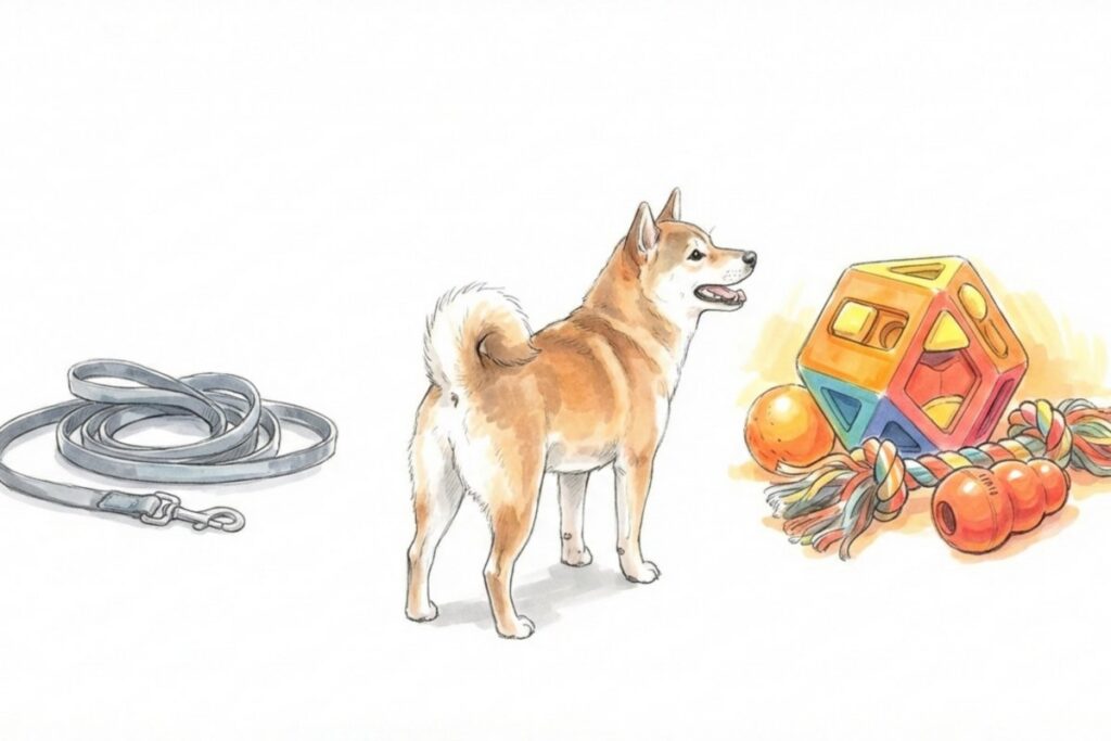 犬用リードと知育ボール・ロープ玩具の横に立つ犬。散歩代替としての室内遊びと運動量確保。