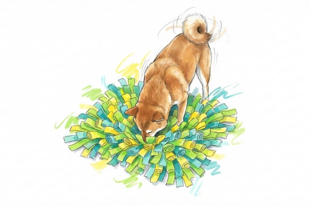 ノーズワークマットに鼻を入れてフードを探す犬。室内で行う嗅覚トレーニングと脳の運動。