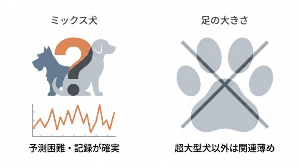 ミックス犬のサイズ予測の難しさと、足の大きさとの関連が薄いことを示す図解