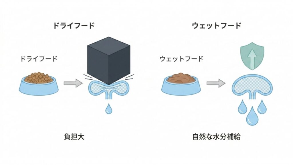 ドライフードとウェットフードの水分量と腎臓への負担を比較する図解