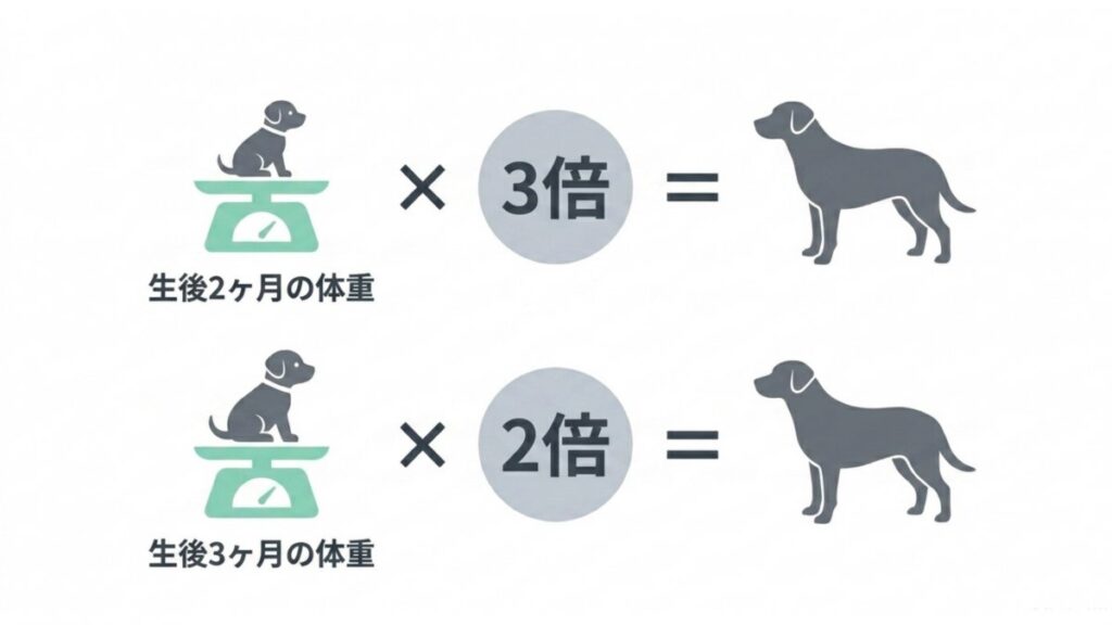 生後2ヶ月と3ヶ月の体重に倍率を掛けて小型犬の成犬時体重を予測する計算図