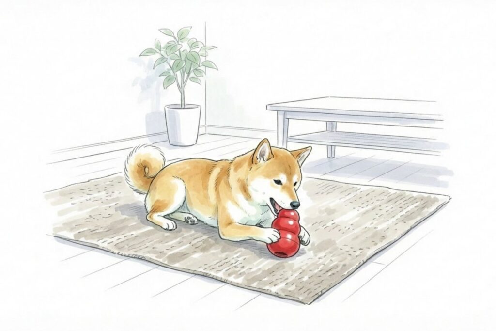 ラグの上で知育玩具を噛む柴犬。留守番中の無駄吠え対策としてのストレス発散と退屈対策。