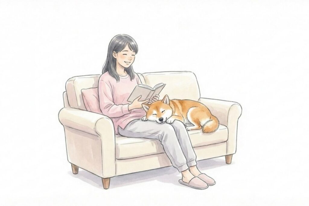 ソファで読書する飼い主の膝で眠る柴犬。無駄吠えトレーニング後の落ち着いた室内生活。