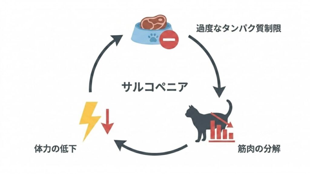 サルコペニアと過度なタンパク質制限による筋肉分解の循環図