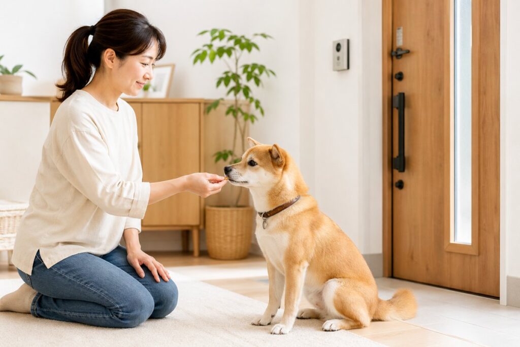 飼い主がおやつで犬の無駄吠えトレーニングをする様子