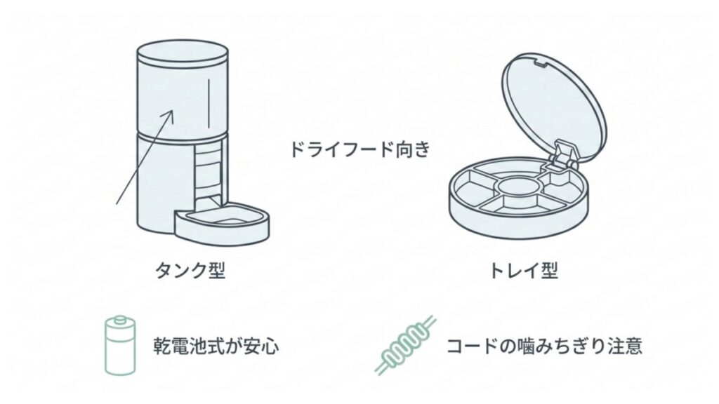 タンク型とトレイ型の自動給餌器を並べ、乾電池式とコード噛み対策を示す図