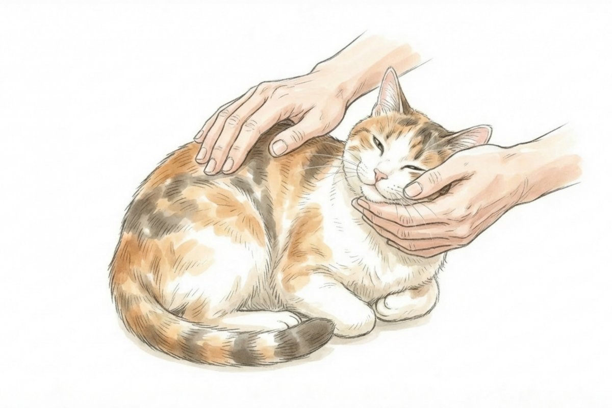 両手で頬と背中をやさしく撫でられ、目を細めてくつろぐ猫。猫の腎臓病予防フード選びと日常の健康ケアをイメージしたイラスト。