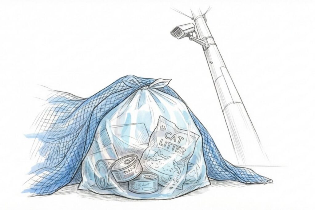 防犯カメラの下に置かれたゴミ袋と猫砂袋・ペットフード缶。共用部の監視映像とゴミ出し痕跡で無断飼育が疑われる状況。