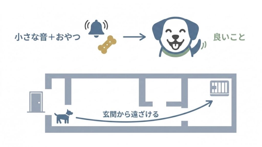 小さなチャイム音とおやつ、玄関から離す配置を示す警戒吠え対策図