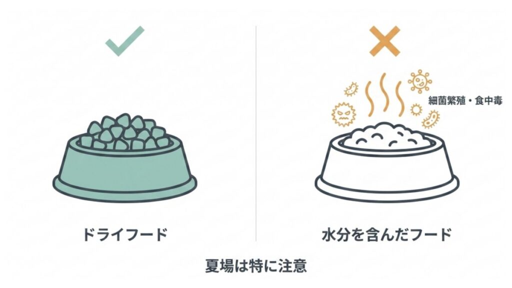 ドライフードと水分を含んだフードを比較し、細菌繁殖と食中毒リスクを示す図