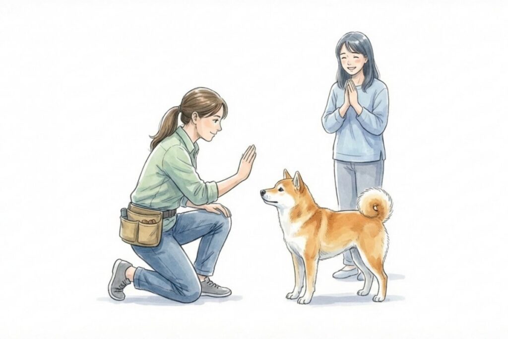 ドッグトレーナーのハンドサインに注目する柴犬と飼い主。しつけ教室・出張指導による無駄吠え改善。