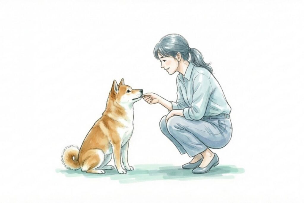 おすわりした柴犬におやつを与える飼い主。静かにできたら褒める無駄吠えトレーニング。