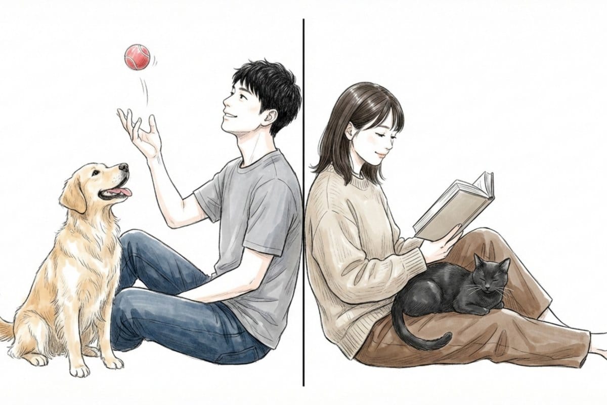 犬派と猫派の違いを対比するイラスト。男性が犬と遊び、女性が猫と読書しており、犬好き・猫好きの性格や過ごし方の違いを表現。