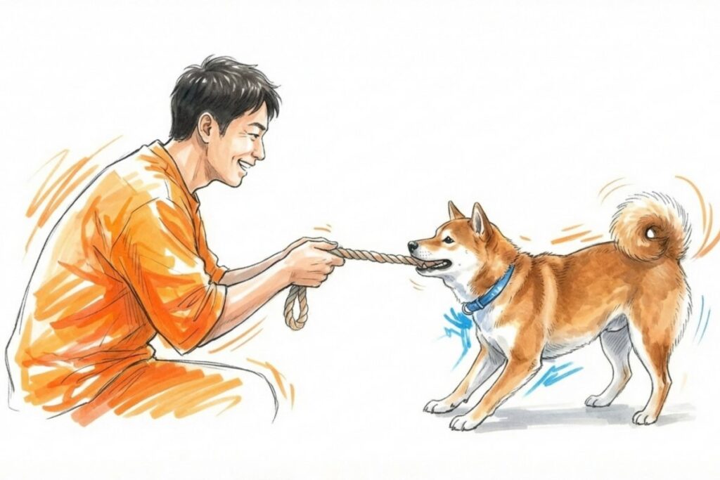 ロープおもちゃを引っ張り合う飼い主と犬。散歩に行けない日の室内運動としての引っ張りっこ。