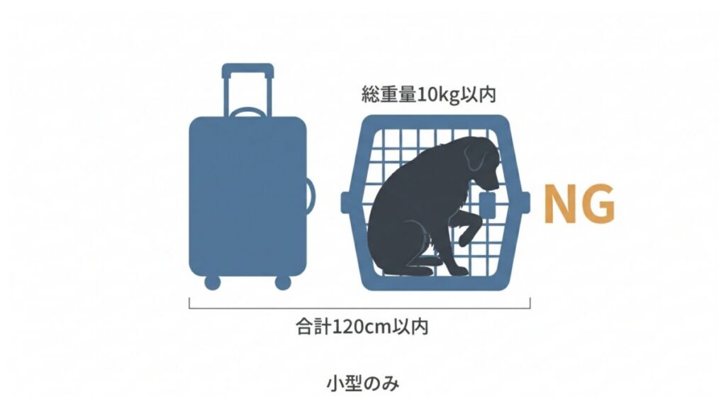 新幹線の犬用ケースが合計120cm以内・総重量10kg以内である条件を示す解説図