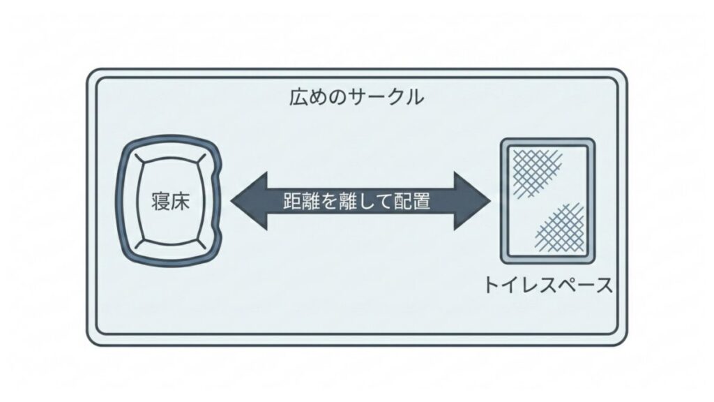 寝床とトイレスペースを離して配置する、広めのサークル内レイアウト図