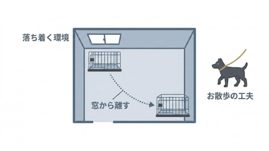 ケージを窓から離し落ち着く環境を作る室内配置と散歩の工夫図