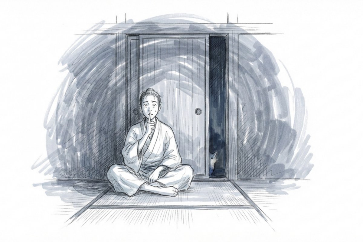 押し入れ前で口に指を当てる入居者と半開きの扉から覗く猫。ペット不可の賃貸で無断飼育を隠して「飼っていない」と言い張る状況。