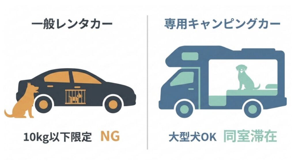 一般レンタカーの10kg制限と専用キャンピングカーの大型犬同室滞在を対比した図