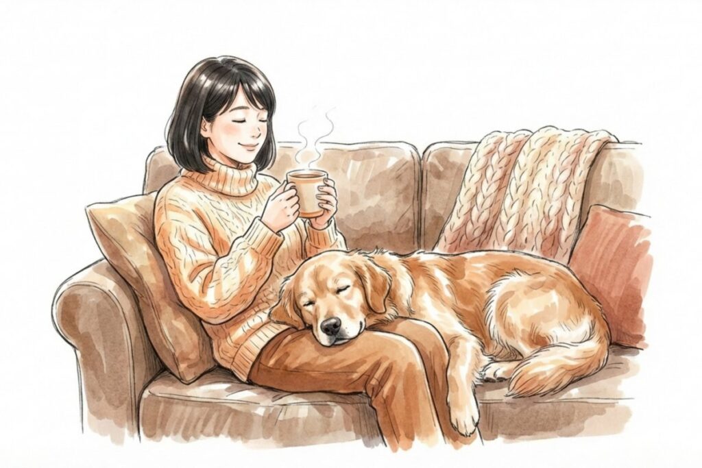 ソファでマグカップを持つ飼い主と、膝の上で眠る大型犬。散歩に行けない日の室内休息と落ち着いた生活リズム。