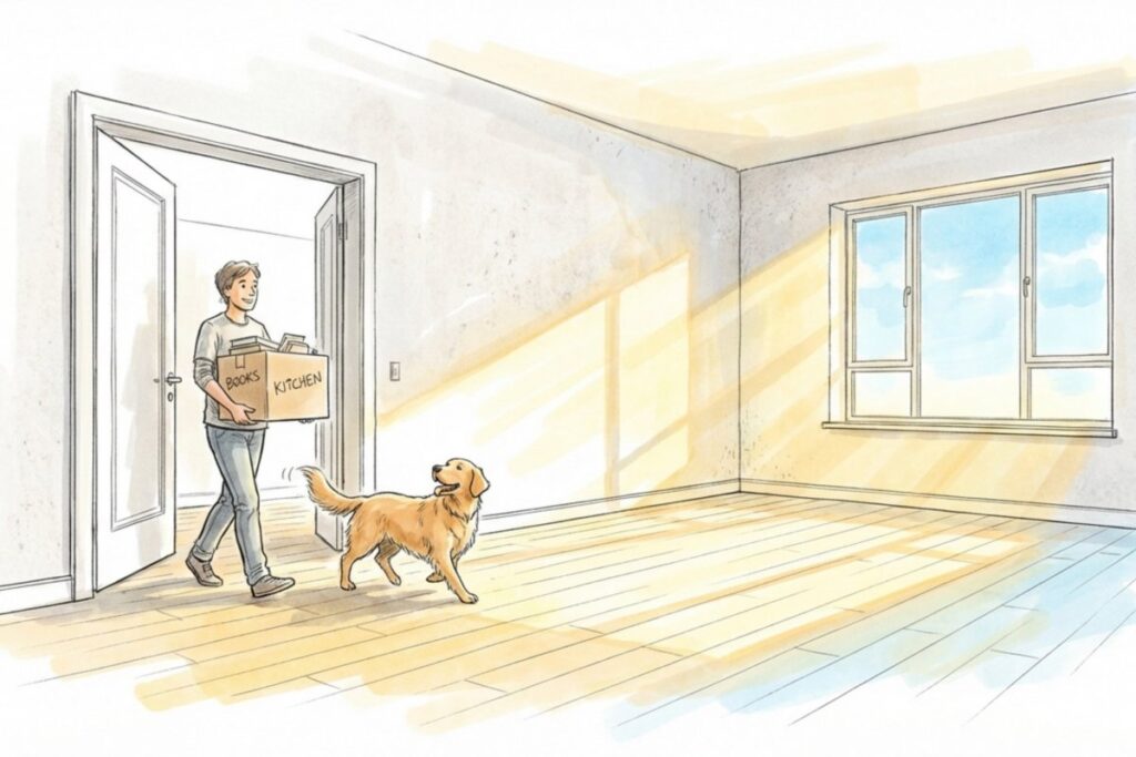 段ボールを運ぶ入居者と一緒に入室する犬。ペット可物件へ転居して無断飼育トラブルを回避する引っ越しの状況。