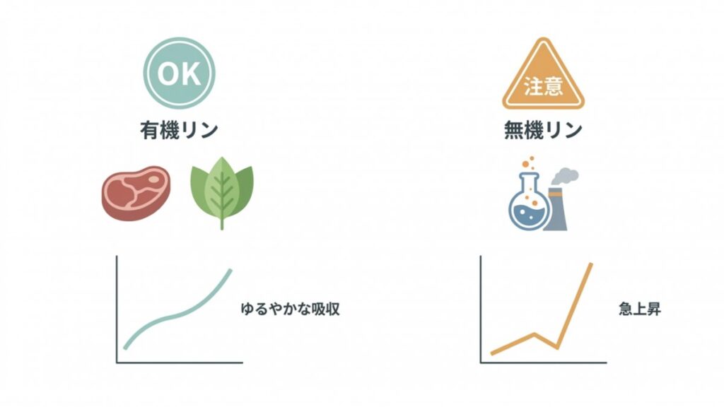 有機リンと無機リンの吸収の違いを食材と添加物で比較する解説図