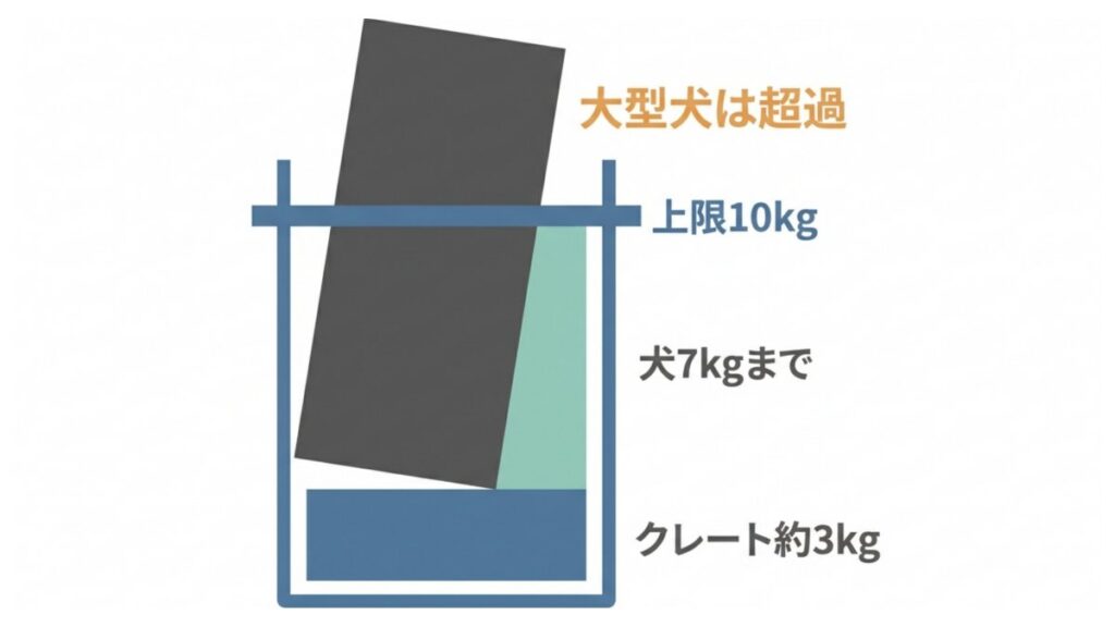 クレート約3kgと犬7kgまでで上限10kgとなる重量配分を示した比較図