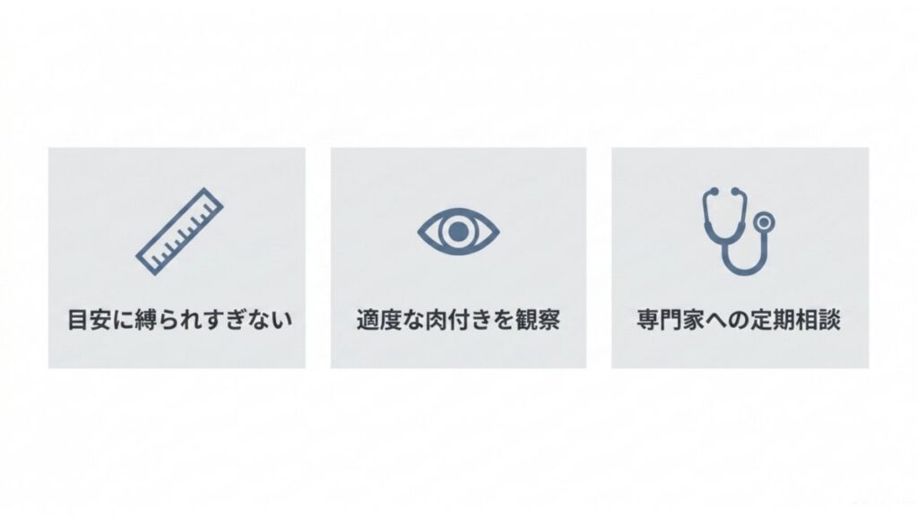 目安に縛られすぎず、肉付きの観察と専門家への定期相談を示すチェック図