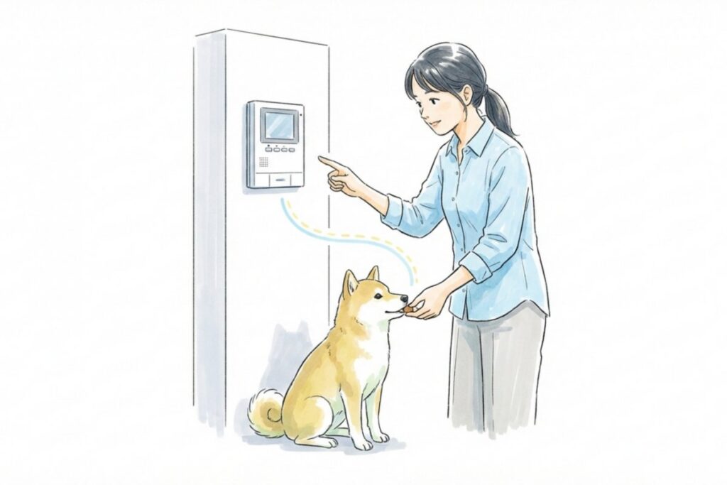 インターホンの前で座る柴犬とおやつを持つ飼い主。チャイム音の脱感作と逆条件づけ。