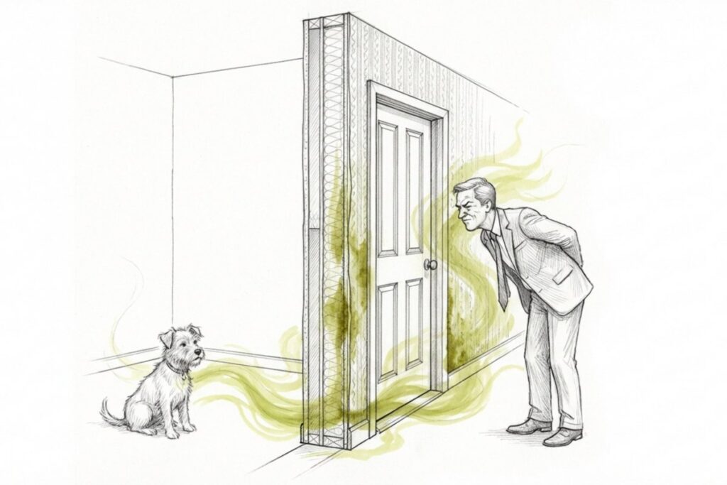 壁の断面と室内ドアの隙間から漏れる黄緑の臭気。ペットの尿由来アンモニア臭が壁紙と下地に染み込み近隣に気付かれる状況。