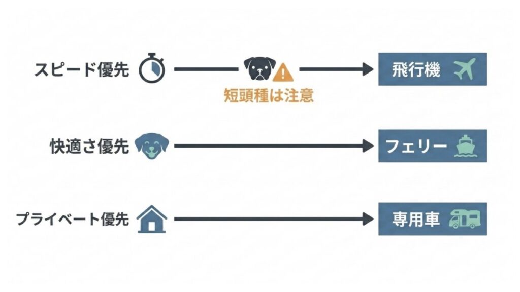 スピード・快適さ・プライベート性と飛行機、フェリー、専用車の選択肢を示す図