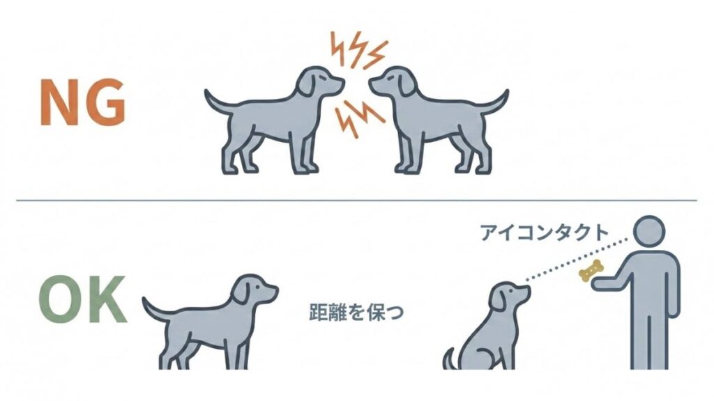 他犬への吠えを避ける距離保持とアイコンタクトを示す散歩対策図