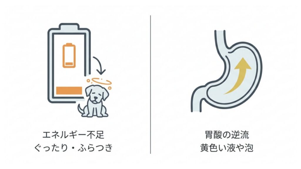 エネルギー不足によるぐったり・ふらつきと、胃酸逆流による嘔吐を並べた解説図