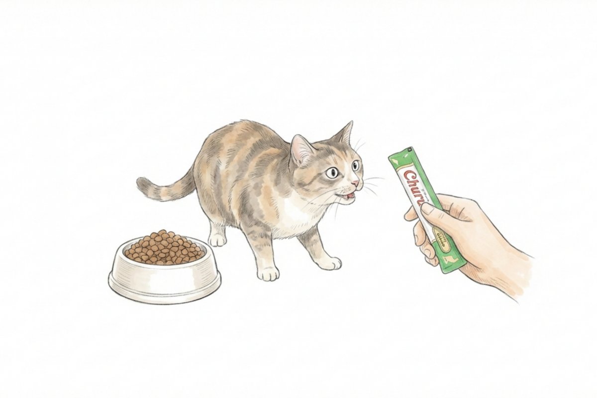 キャットフードの皿の前で食べずに、チュールを差し出されて反応する猫のイラスト。猫がご飯を食べないのにチュールは食べる状況のイメージ。