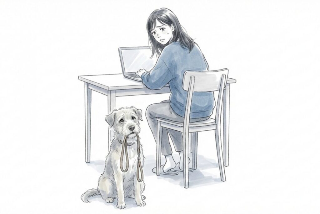 ノートパソコン作業中の飼い主と、リードをくわえて座る犬。犬の散歩に毎日行けない日の室内待機。