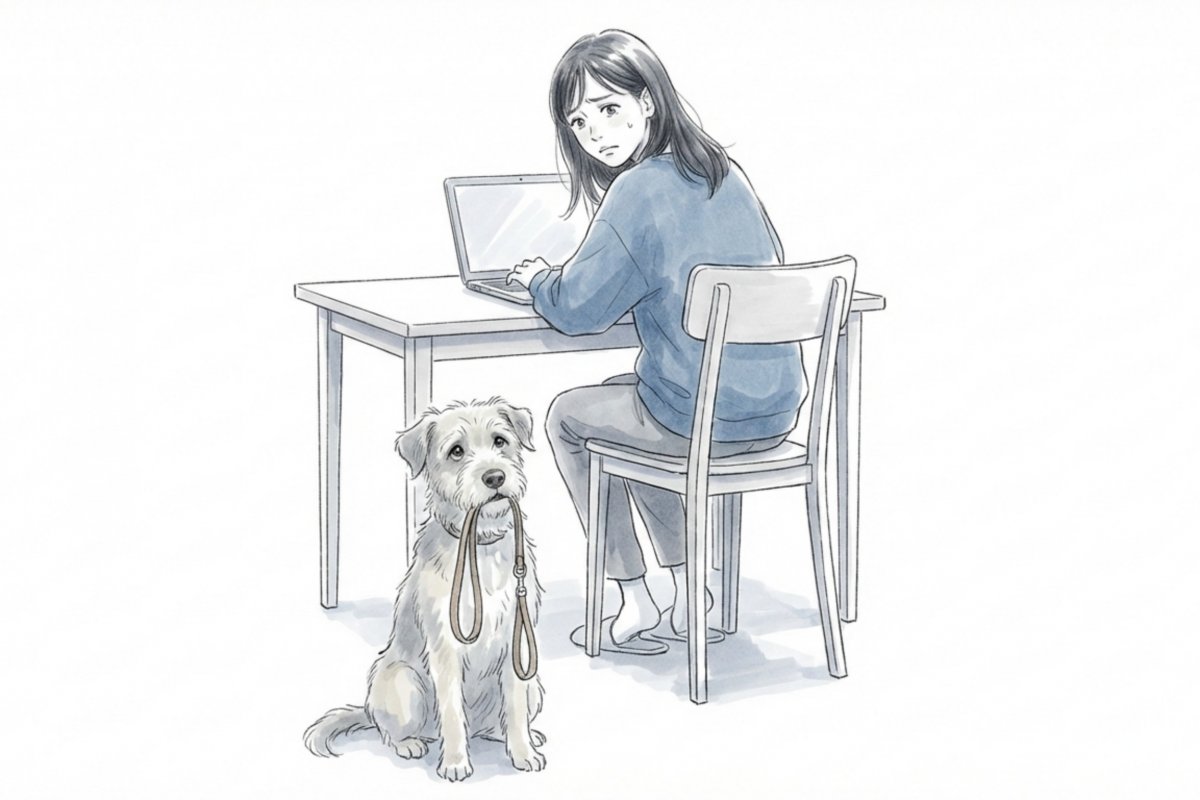 ノートパソコン作業中の飼い主と、リードをくわえて座る犬。犬の散歩に毎日行けない日の室内待機。