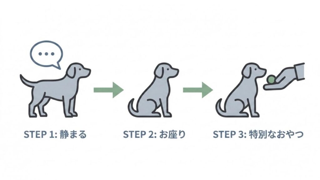 静まる、お座り、特別なおやつの順で代替行動を示すステップ図