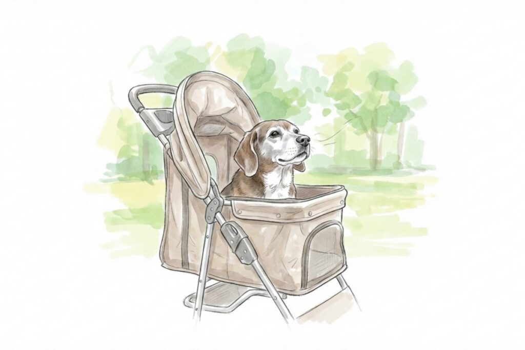 ペットカートに乗るシニア犬。老犬の負担を減らす外気浴と短時間の気分転換。