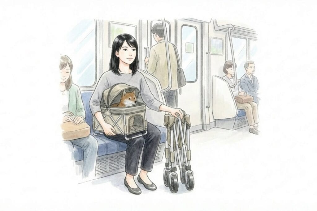 車内の座席に座った女性が、犬の入ったコットを抱え、折りたたんだカートフレームを足元に立てている。ペットカートで電車に乗るための分離手順と、車内での置き方が伝わる構図。