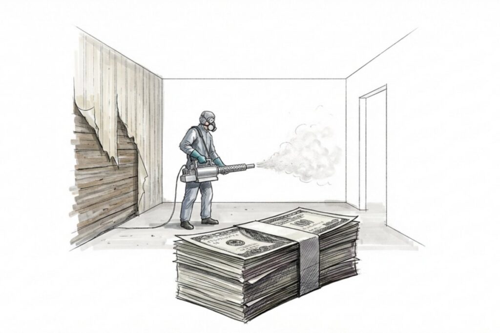 傷んだ壁の前で防護マスクの作業員が脱臭作業を行い床に札束が積まれる室内。オゾン脱臭と原状回復工事で退去費用が高額化する状況。