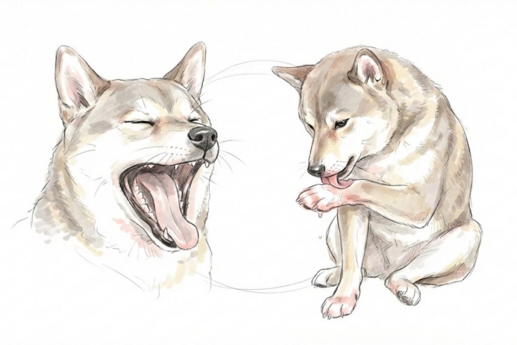 口を大きく開けてあくびをする犬と、前足をなめる犬。散歩不足で見られるカーミングシグナル（あくび・足舐め）。