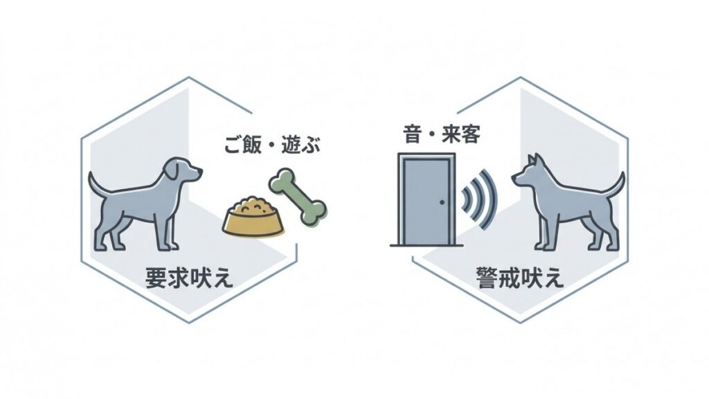 犬の要求吠えと警戒吠えの場面を、ご飯・遊び・来客音で示す分類図