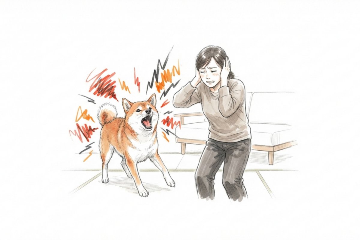 リビングで大きな声で吠える柴犬と耳をふさぐ女性。無駄吠えによる室内騒音と飼い主の負担。