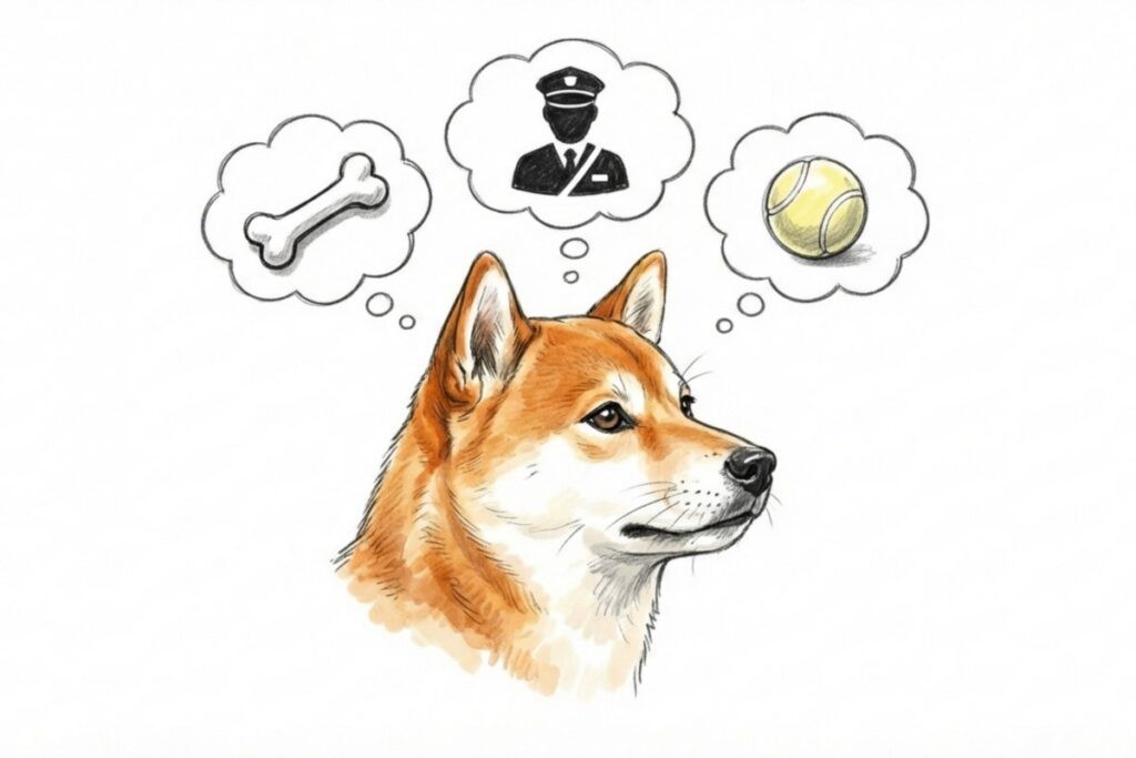 骨と宅配員とボールを連想する柴犬の顔。要求吠え・警戒吠え・興奮吠えの原因診断。