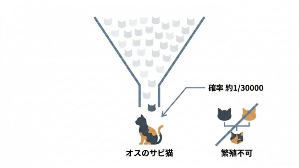 オスのサビ猫が約3万分の1の確率で生じ繁殖不可とされることを示す図解